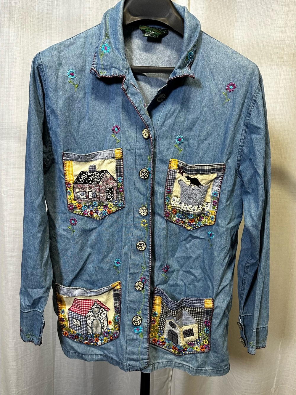 Embroidered Patch Pocket Denim Jacket - Blue